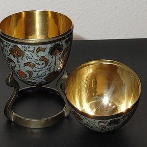 Vintage Cloisonne Brass Egg w/Stand Trinket Box